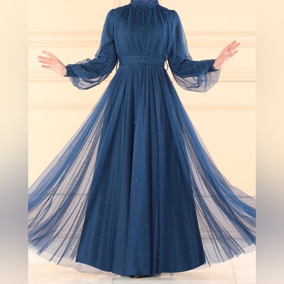 Beaded Blue Tulle Ball Gown - Picture 8 of 9